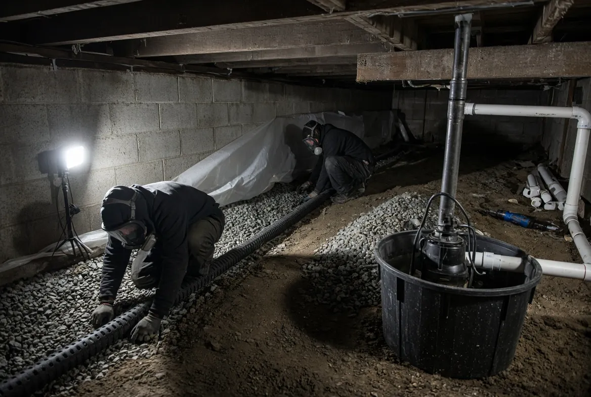 A perforated drain line bedded in gravel beside a sump basin and pump in a crawl space