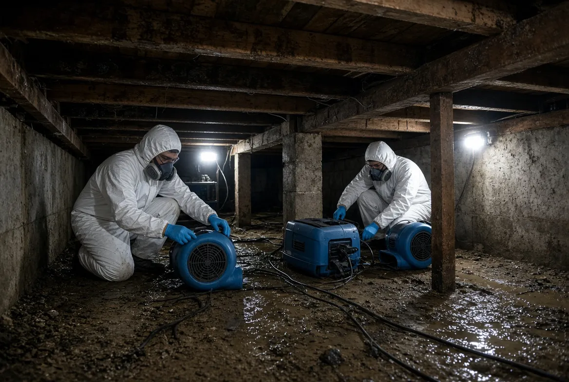 Technicians placing air movers and a dehumidifier between the piers of a wet crawl space