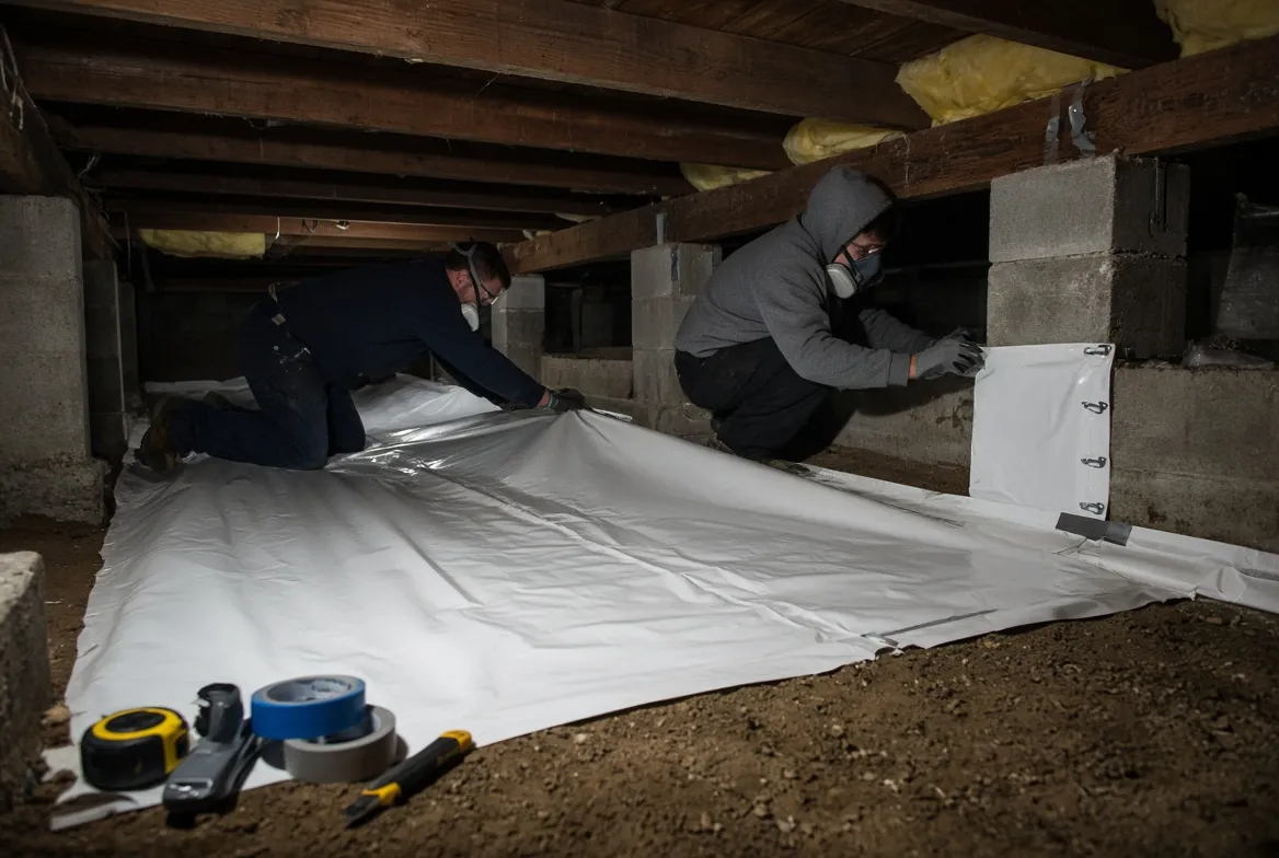 Two workers spreading white vapor barrier over crawl space soil and sealing it against a block pier