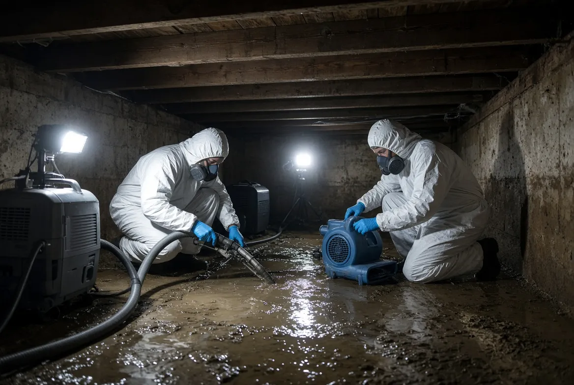 A technician drawing standing water out of a flooded crawl space with an extraction hose while another positions an air mover