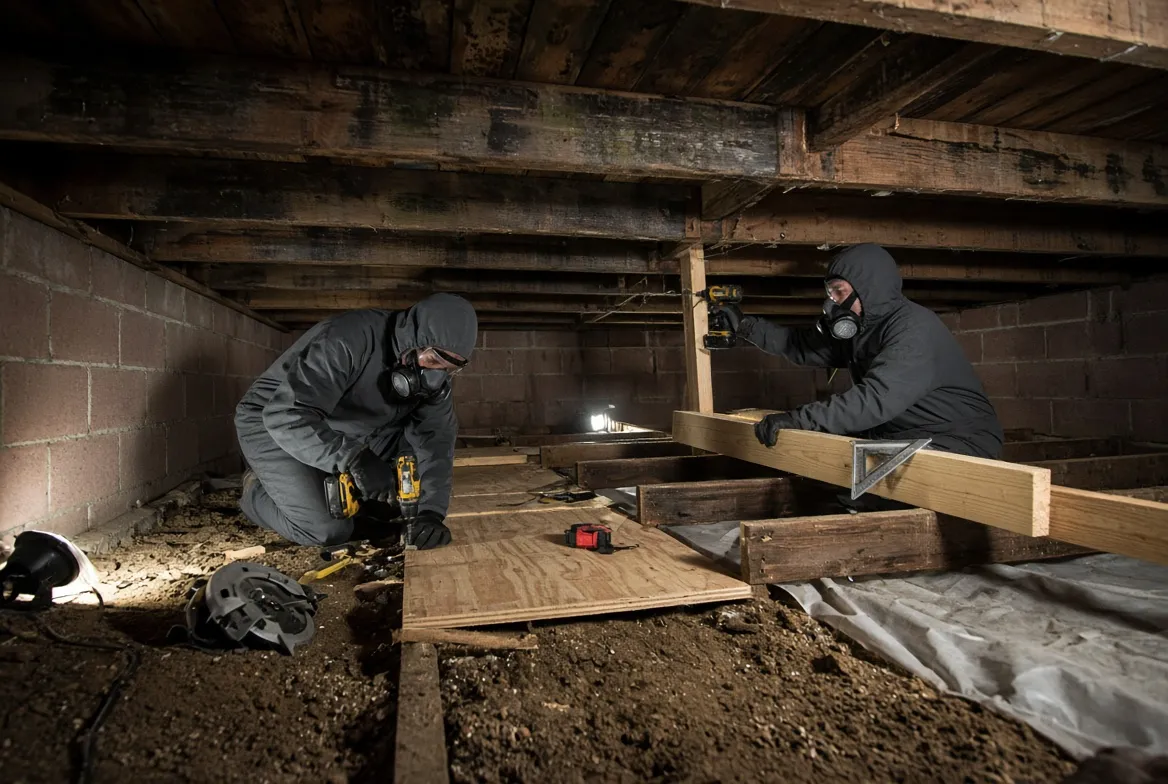 Workers fitting new floor joists and plywood subfloor in a crawl space