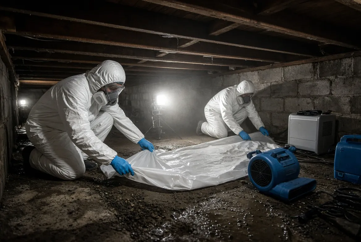 Two technicians in protective suits and respirators spreading vapor barrier across a crawl space floor under a work light