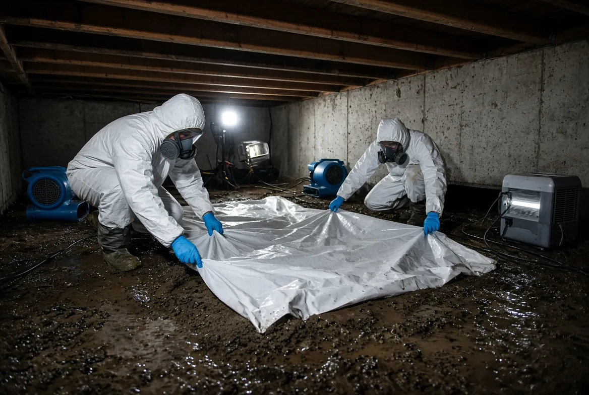 Two technicians in protective suits laying vapor barrier over the wet, muddy floor of a crawl space, with air movers and a dehumidifier running